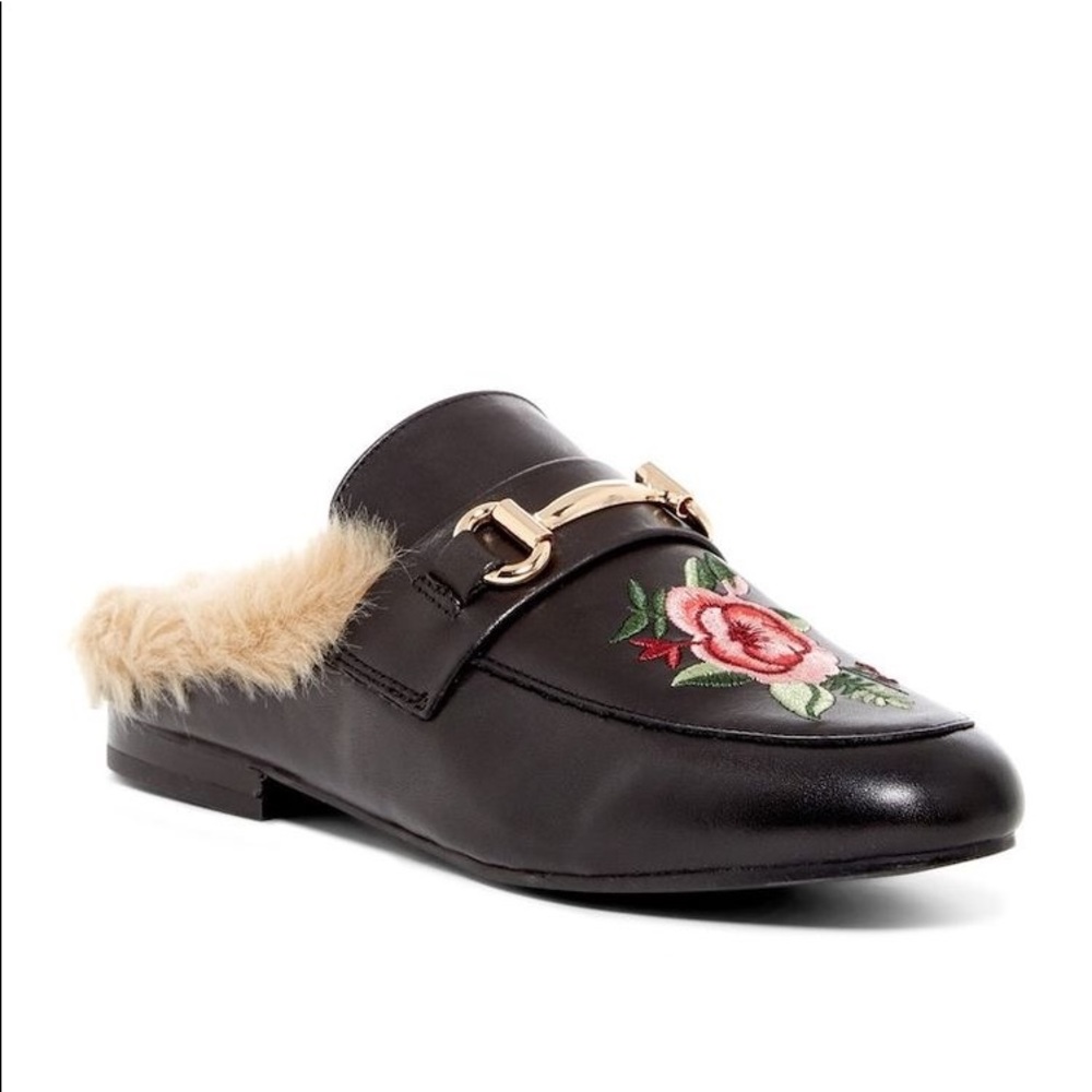 STEVE MADDEN Embroidered Faux Fur Trim Mule